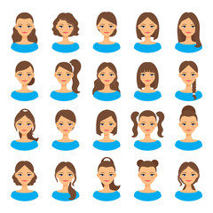 Womens hairstyles. Beautiful young woman with various hair styles vector illustration