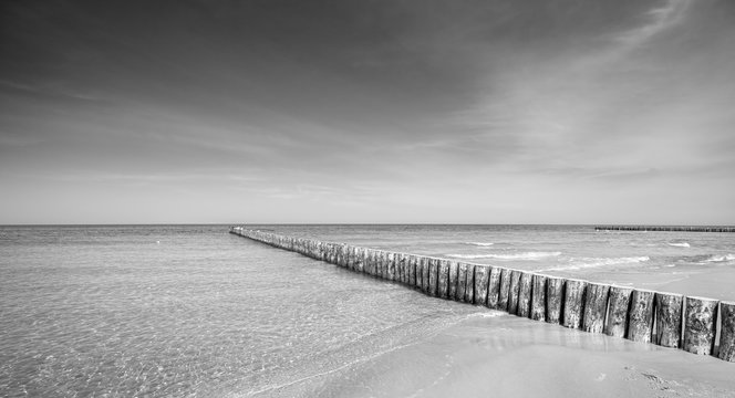 Black and white panoramic photo of a wooden breakwater on a beach.