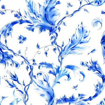 Blue watercolor flower vintage seamless pattern