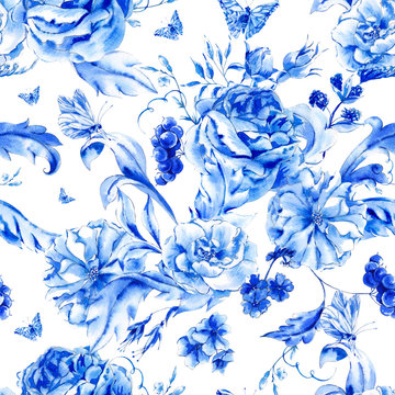Vintage seamless pattern with blue watercolor roses