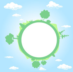 globe surrounded by clouds, sky and tree - vector illustration
