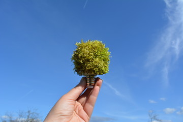 зелёная лампочка в руке на фоне голубого неба