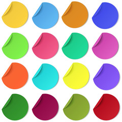 Set of glaring colour round paper stickers with edge curl