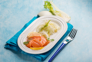 salmon carpaccio with sliced fennel salad