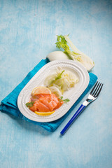 salmon carpaccio with sliced fennel salad