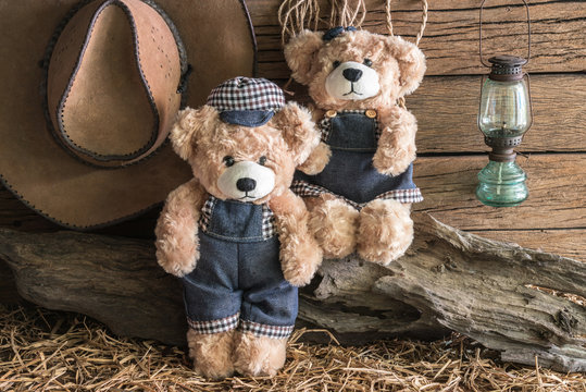 Two teddy bears take a photo in barn studio, love and friendship concept