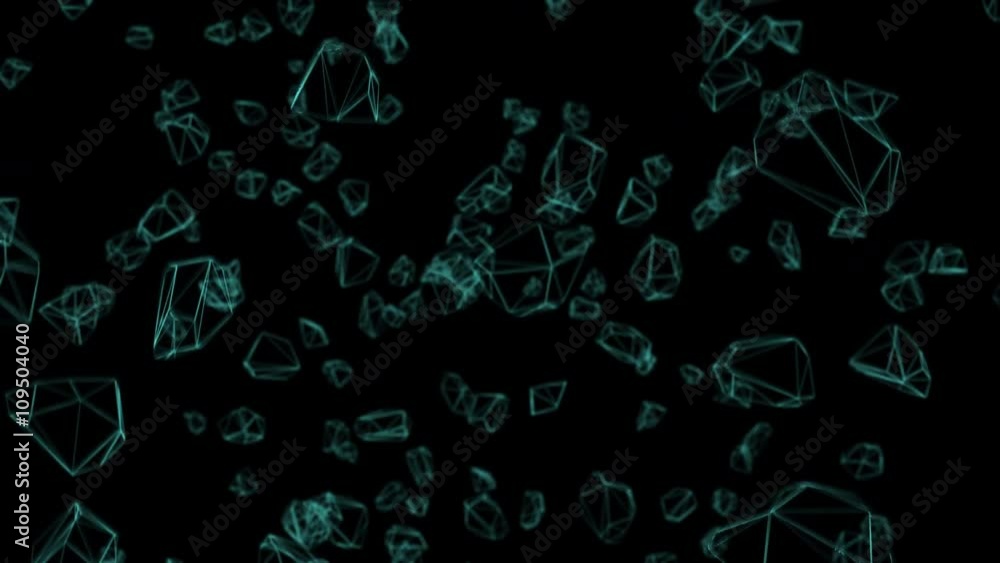 Poster seamless looping 3d animation of falling wireframe pieces including alpha matte