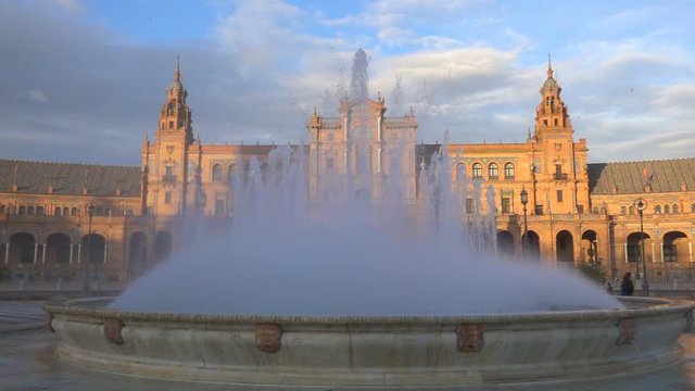 Fontaine at Plaza de Espana. Seville, Spain. Slow motion