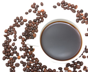 roasted coffee beans with a cup of coffee on a white background