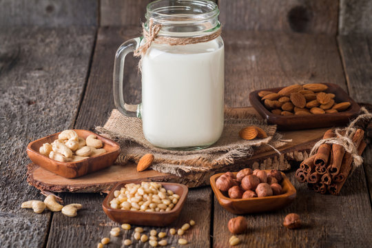 Vegan milk from nuts in glass jar
