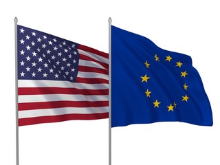 USA and EU flags waving in the wind