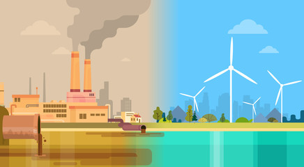 Obraz premium Clean And Polluted Dirty City Environmental Green Energy Concept Wind