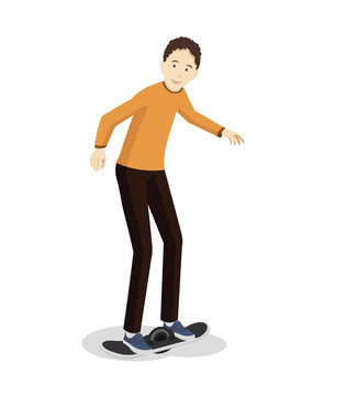 Man on a one wheel hoverboard. Vector flat design.