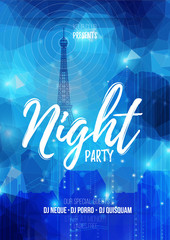 Vector flyer template for night party. Abstract background with bokeh defocused lights and cityscape