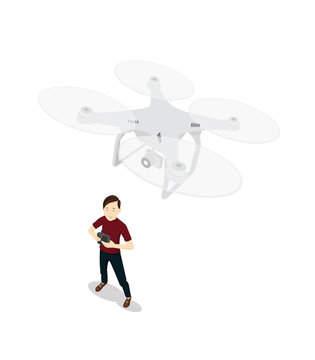 Playing with a quadcopter drone aerial view vector flat design 