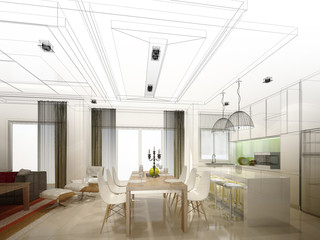 abstract sketch design of interior dining and kitchen room ,3d