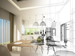 abstract sketch design of interior dining and kitchen room ,3d