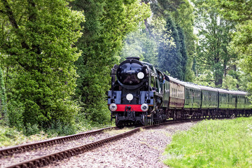 Fototapeta premium Rebuilt Bulleid Light Pacific No. 34059 steam locomotive near Kingscote Station