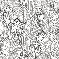 Seamless pattern of decorative, abstract hand-drawn leaves. Style zentangl. Monochrome range.