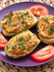 Stuffed zucchini with meat, cheese and vegetables. Shot from above