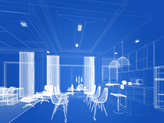 abstract sketch design of interior dining and kitchen room ,3d