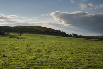 Beautiful English countryside landscape over fields at sunset