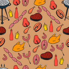 Barbecue and butchery seamless pattern. Vector pattern on the subject of barbecue and grill. Vector illustration for web, mobile and print.
