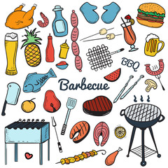 Colorful vector hand drawn Doodle of Grill and BBQ. Vector illustration of grill and BBQ stuff. Icons for web, mobile and print. Barbecue logos and icons