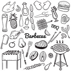 Vector sketchy line art Doodle set of objects and symbols for barbecue and grill theme. Vector barbecue doodle illustrations on whte background. Vector illustrations for web, mobile and print.