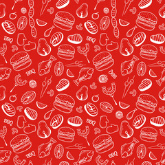 Barbecue and grill seamless pattern. Vector illustrations on red background. Pattern for restaurant menus, web, and print.
