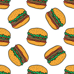 Burger pattern on white background. Seamless pattern with burgers on white background. Vector hand-drawn illustration for banners, menus and print.