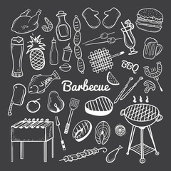Vector hand drawn doodle of Grill and BBQ. Vector illustration of grill and BBQ stuff. Hand-drawn barbecue doodles on blackboard. Icons for web, mobile and print. Barbecue logos and icons