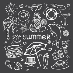 Vector sketchy line art Doodle cartoon set of objects and symbols for summer holidays on blackboard. Vector illustration for web, mobile and print.