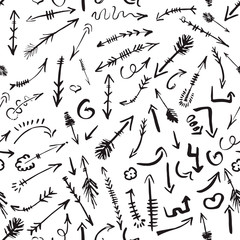 Abstract seamless pattern with arrows. Paper background with Hand drawing elements. Black and white