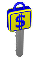 Key with sign dollar. 3D rendering.