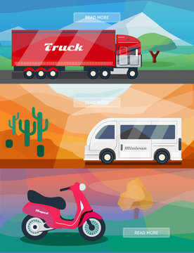 Logistics routes banners set. Business banners with truck, minivan and courier moped. Low polygon vector illustrations for logistics use.