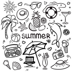 Vector sketchy line art Doodle cartoon set of objects and symbols for summer holidays. Vector illustration for web, mobile and print.