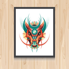 Geometric vector dragon concept on wooden background. Vector illustration for t-shirt print, tatto, web and mobile.