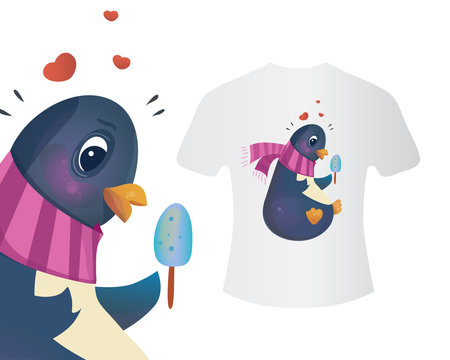 Penguin with ice cream. T-shirt concept of a penguin with ice cream in a scarf. Vector illustration for textile, print and clothes.