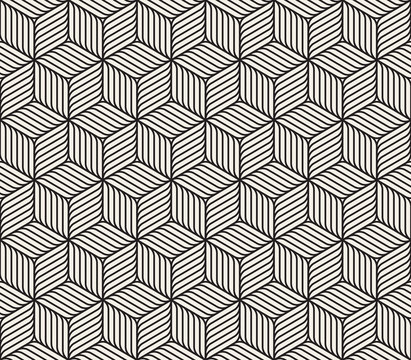 Vector Seamless Black And White Cube Shape Lines Geometric Pattern