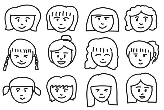 Collection of girls freehand drawing emoticons.