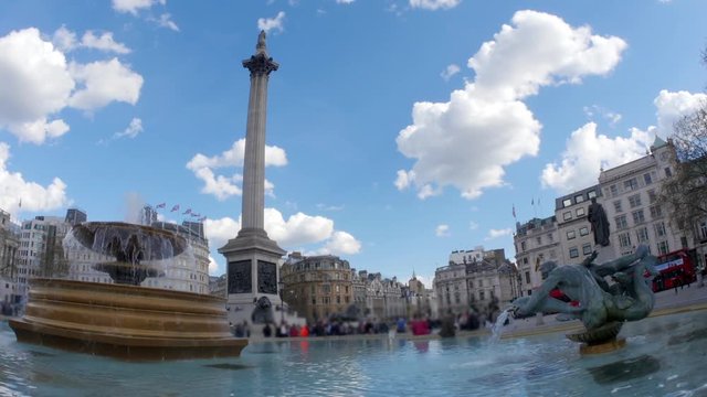 Fish eye view of Trafalgar square, London with fountains, facing south