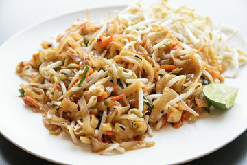 Thailand's national dishes, stir-fried noodles with egg, vegetable and shrimp (Pad Thai)