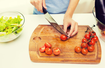 close up of woman chopping tomatoes with knife