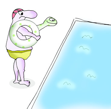 Mann am Schwimmbeckenrand mit Schwimmtier unter dem Arm