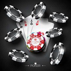 Vector illustration on a casino theme with color playing chips and poker cards on dark background.