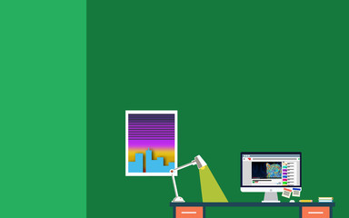 Home office desk; Sunset, Lamp - on