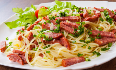 spaghetti pasta with salami sausage in a plate on wooden table