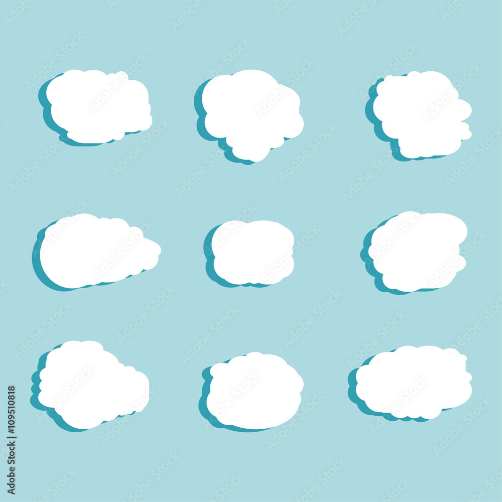 Poster set of blue sky, clouds. cloud icon, cloud shape. set of different clouds. collection of cloud icon,