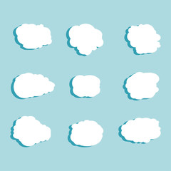 Set of blue sky, clouds. Cloud icon, cloud shape. Set of different clouds. Collection of cloud icon, shape, label, symbol. Graphic element vector. Vector design element for logo, web and print